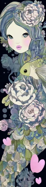 Free printable mermaid bookmark featuring gray hair green mermaid with a fish